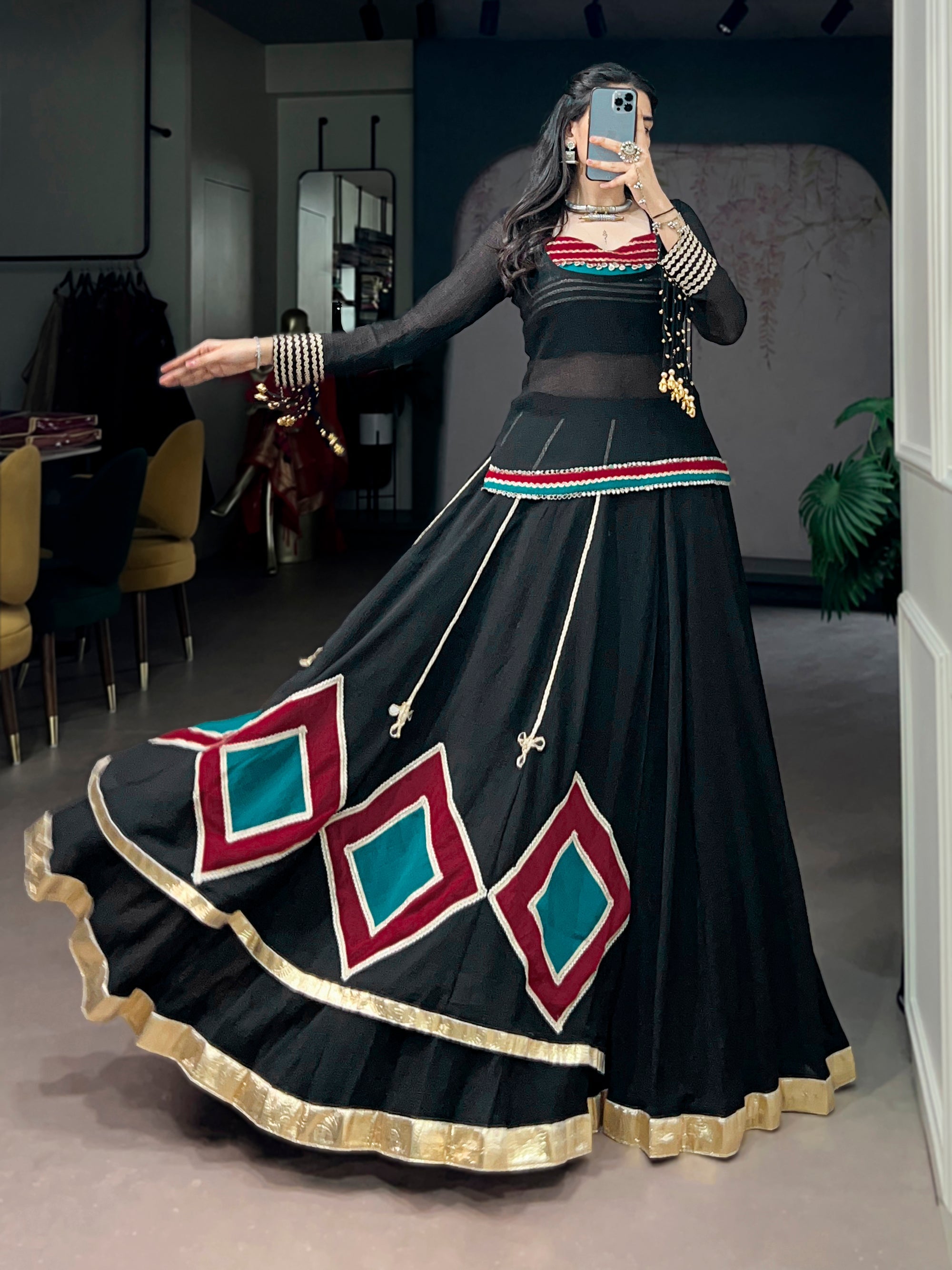 Lorenvalley Fashion Black Marble With Elegant Lace And Dangling Cowrie Bell Detailing Lehenga Choli With Tunic | Grocsy
