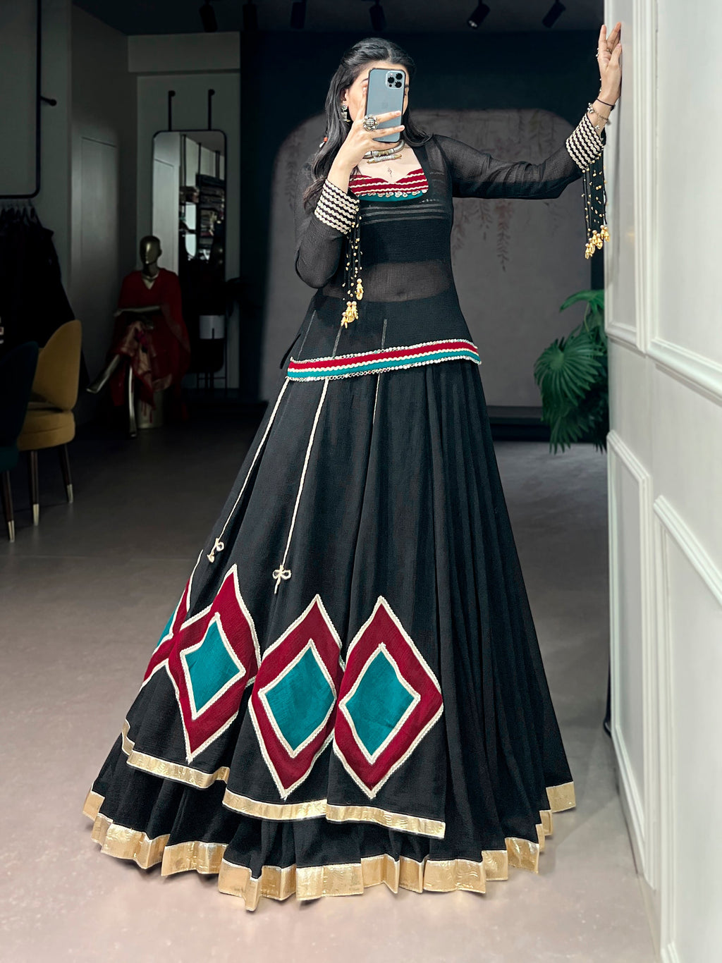 Lorenvalley Fashion Black Marble With Elegant Lace And Dangling Cowrie Bell Detailing Lehenga Choli With Tunic | Grocsy