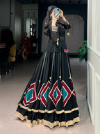 Lorenvalley Fashion Black Marble With Elegant Lace And Dangling Cowrie Bell Detailing Lehenga Choli With Tunic | Grocsy