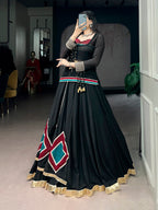 Lorenvalley Fashion Black Marble With Elegant Lace And Dangling Cowrie Bell Detailing Lehenga Choli With Tunic | Grocsy