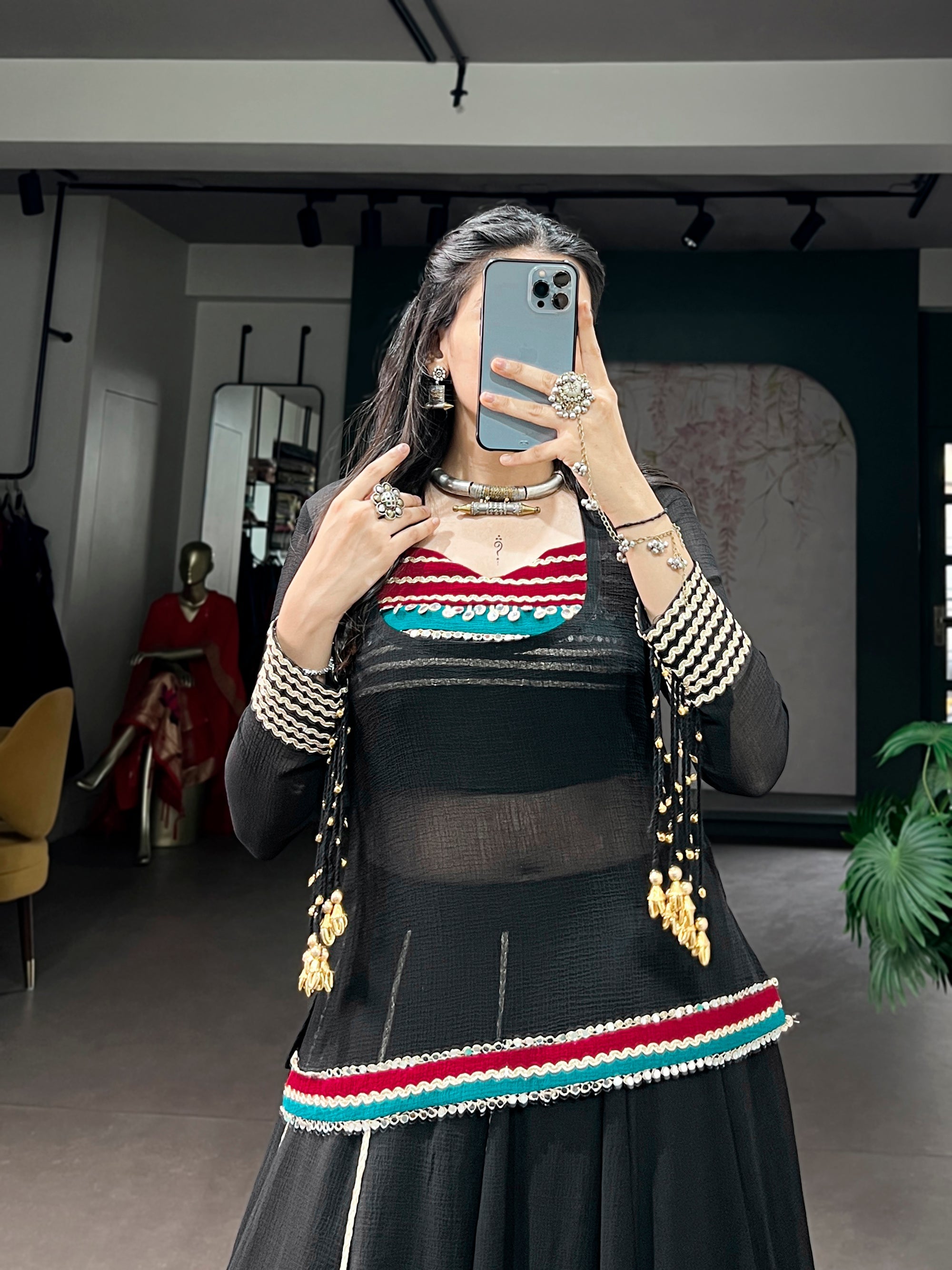 Lorenvalley Fashion Black Marble With Elegant Lace And Dangling Cowrie Bell Detailing Lehenga Choli With Tunic | Grocsy