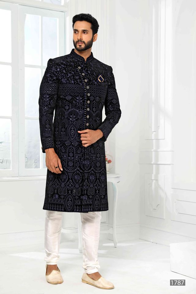 Raivat Ethnic Art Silk Embroidery Work Sherwani In Navy Blue Colour | Grocsy
