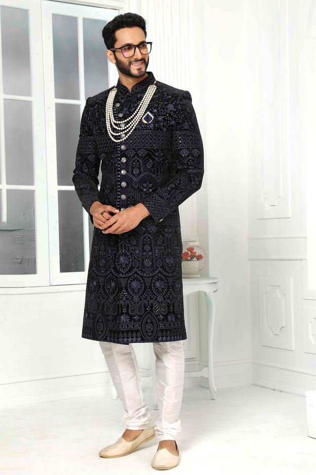 Raivat Ethnic Art Silk Embroidery Work Sherwani In Navy Blue Colour | Grocsy
