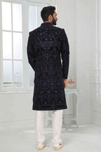 Raivat Ethnic Art Silk Embroidery Work Sherwani In Navy Blue Colour | Grocsy