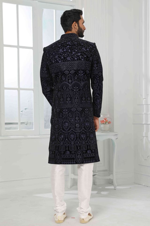 Raivat Ethnic Art Silk Embroidery Work Sherwani In Navy Blue Colour | Grocsy
