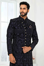 Raivat Ethnic Art Silk Embroidery Work Sherwani In Navy Blue Colour | Grocsy