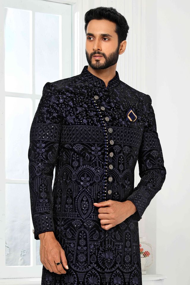 Raivat Ethnic Art Silk Embroidery Work Sherwani In Navy Blue Colour | Grocsy