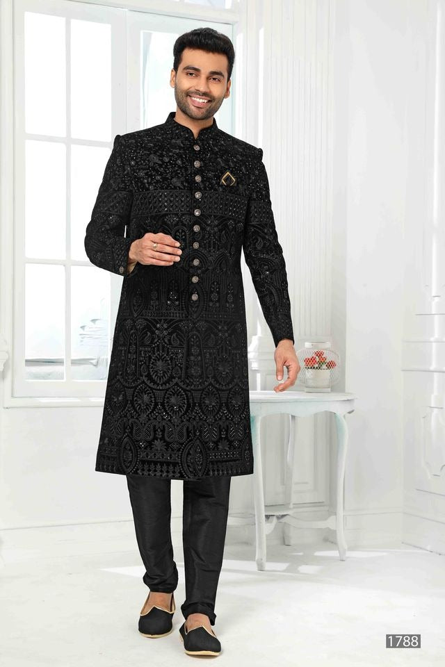 Raivat Ethnic Art Silk Embroidery Work Sherwani In Black Colour | Grocsy
