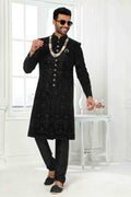 Raivat Ethnic Art Silk Embroidery Work Sherwani In Black Colour | Grocsy