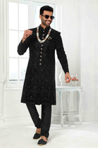 Raivat Ethnic Art Silk Embroidery Work Sherwani In Black Colour | Grocsy