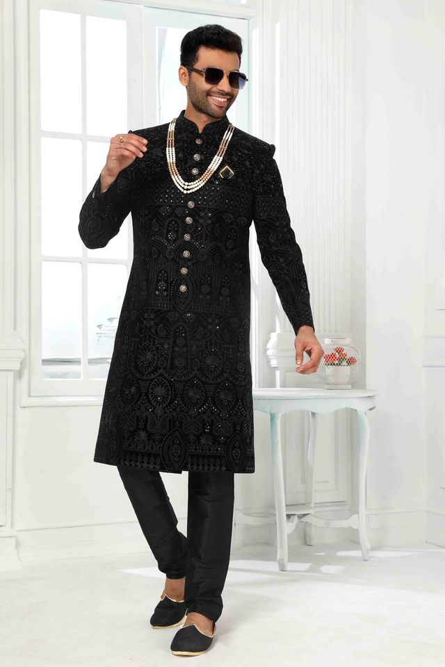 Raivat Ethnic Art Silk Embroidery Work Sherwani In Black Colour | Grocsy