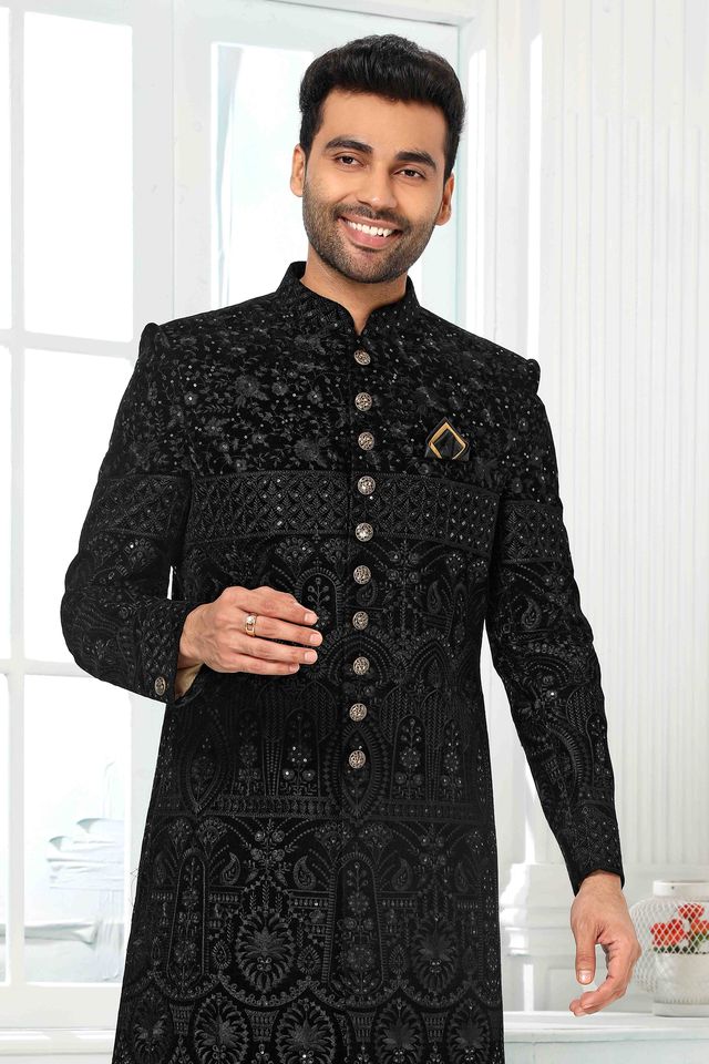 Raivat Ethnic Art Silk Embroidery Work Sherwani In Black Colour | Grocsy