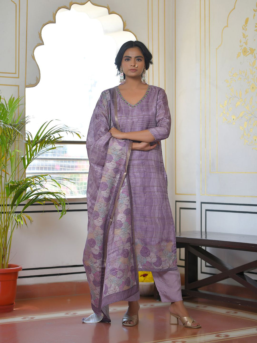 Vaasva Women's Purple Grey Silk Digital Printed Suit Set | Grocsy
