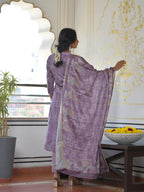 Vaasva Women's Purple Grey Silk Digital Printed Suit Set | Grocsy