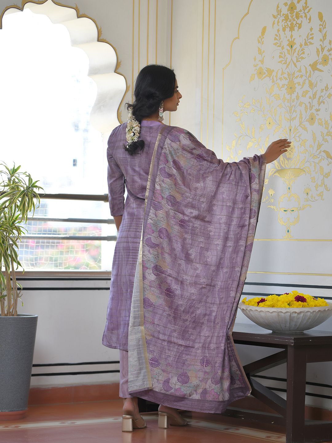Vaasva Women's Purple Grey Silk Digital Printed Suit Set | Grocsy