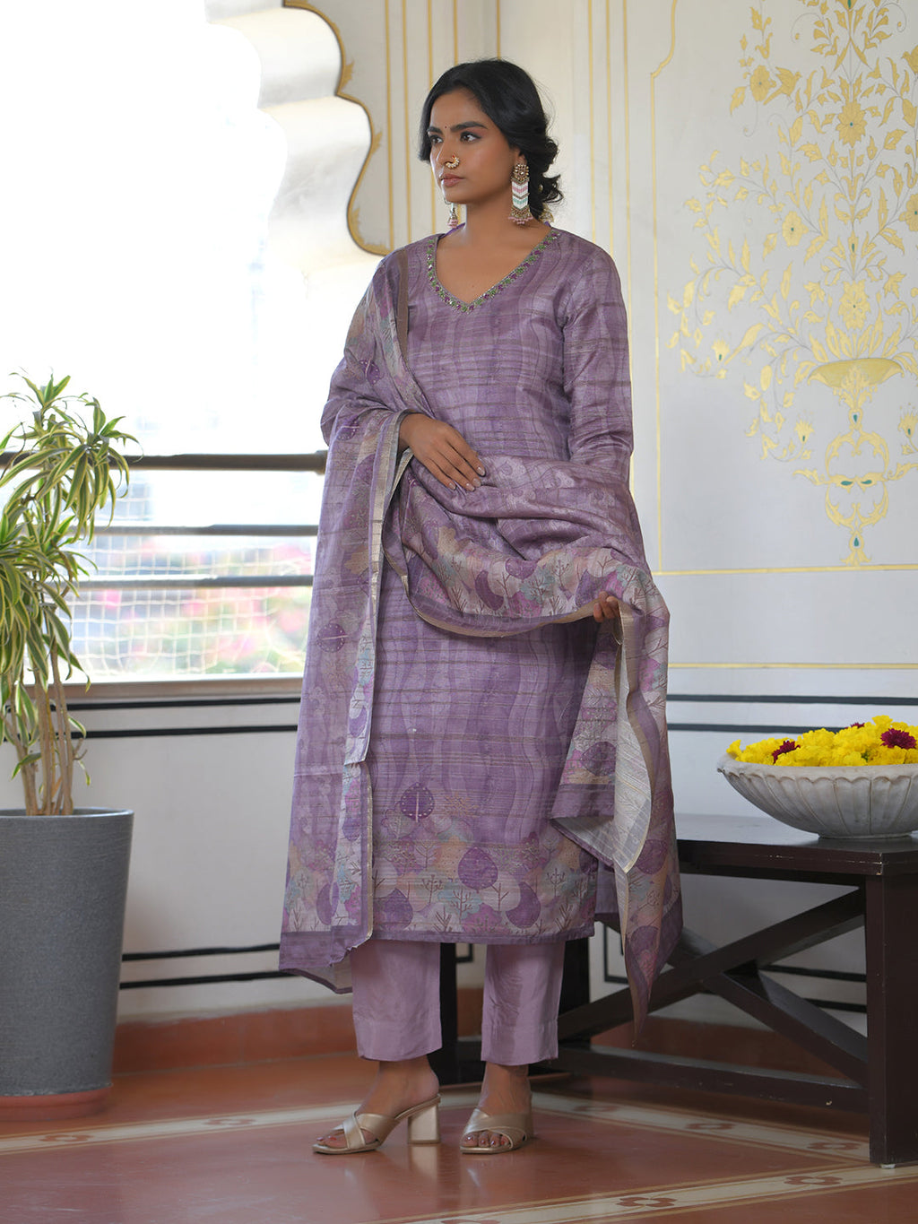 Vaasva Women's Purple Grey Silk Digital Printed Suit Set | Grocsy