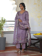 Vaasva Women's Purple Grey Silk Digital Printed Suit Set | Grocsy