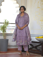 Vaasva Women's Purple Grey Silk Digital Printed Suit Set | Grocsy