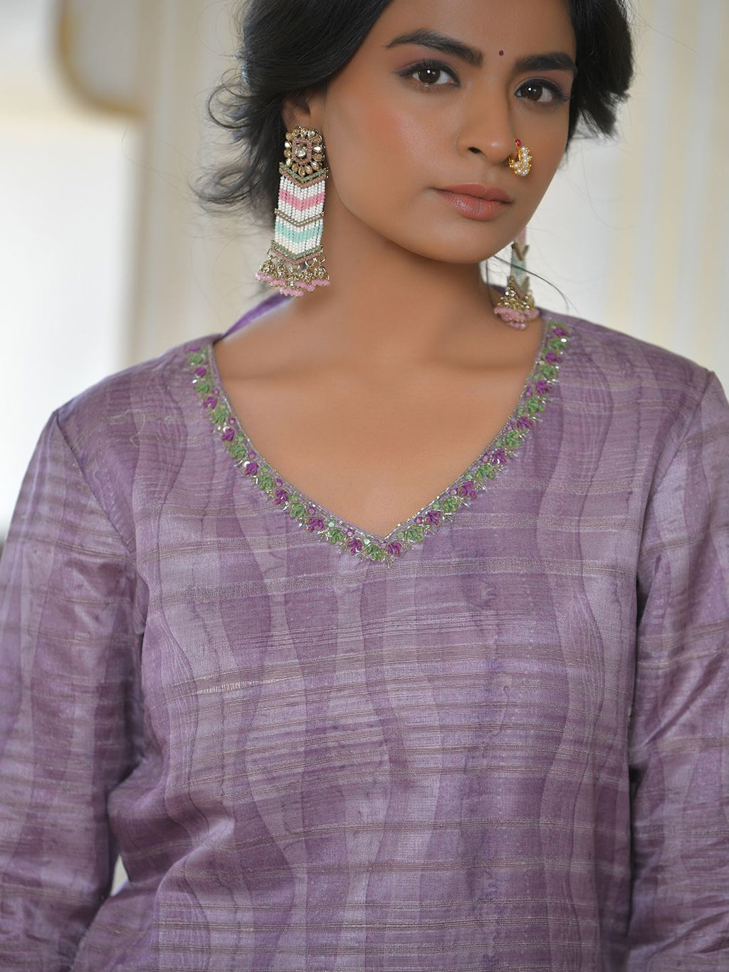 Vaasva Women's Purple Grey Silk Digital Printed Suit Set | Grocsy