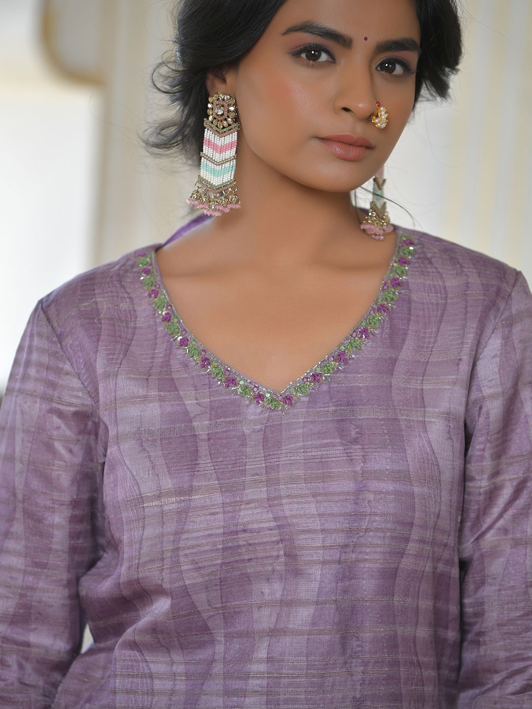 Vaasva Women's Purple Grey Silk Digital Printed Suit Set | Grocsy