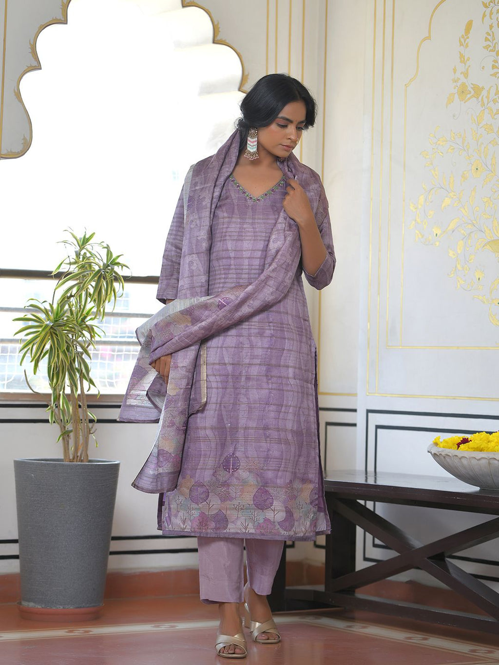 Vaasva Women's Purple Grey Silk Digital Printed Suit Set | Grocsy