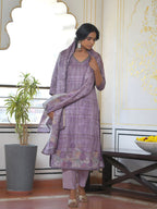 Vaasva Women's Purple Grey Silk Digital Printed Suit Set | Grocsy