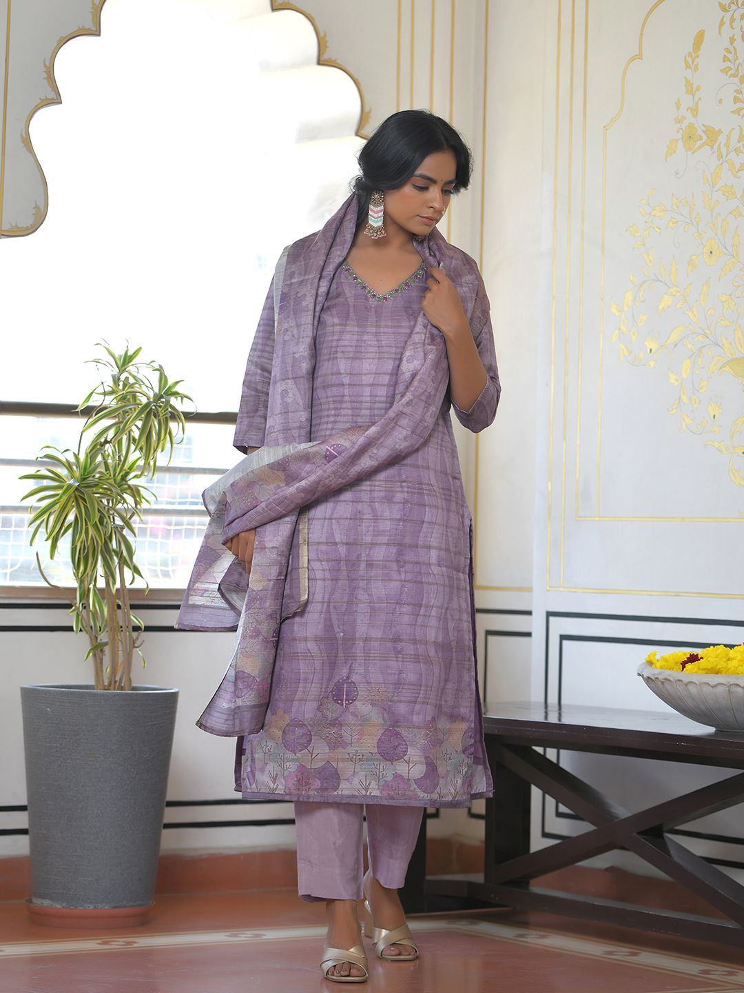 Vaasva Women's Purple Grey Silk Digital Printed Suit Set | Grocsy