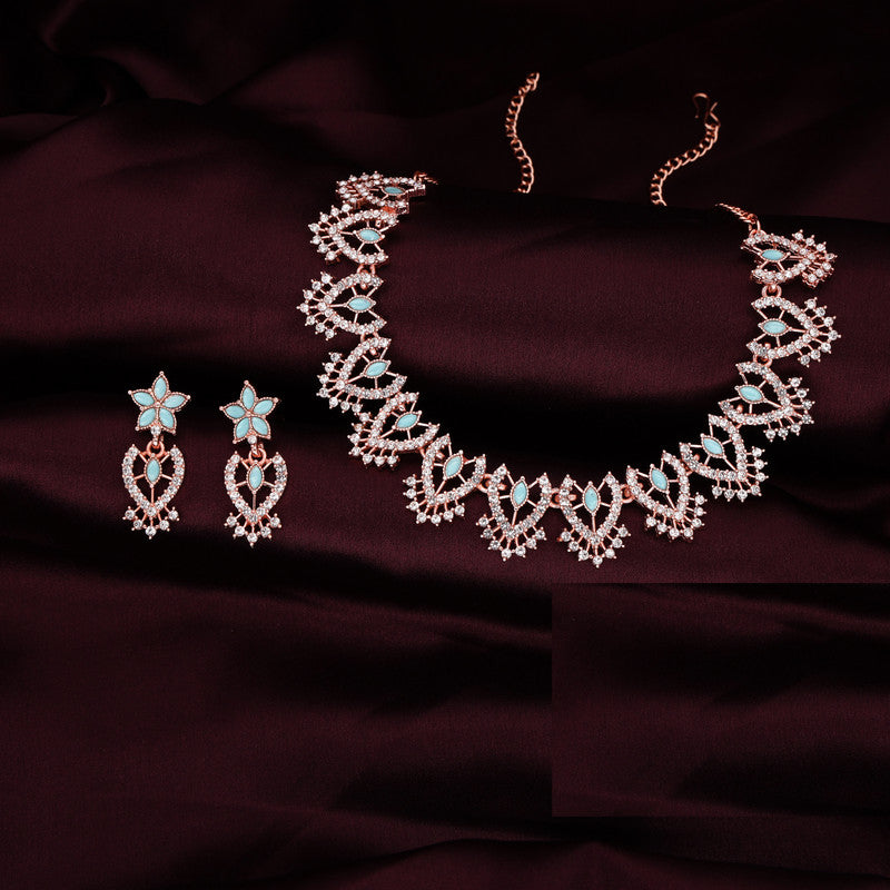 Tehzeeb Creations Sky Blue Colour Sparkle Stone Studded Necklace With Earrings | Grocsy