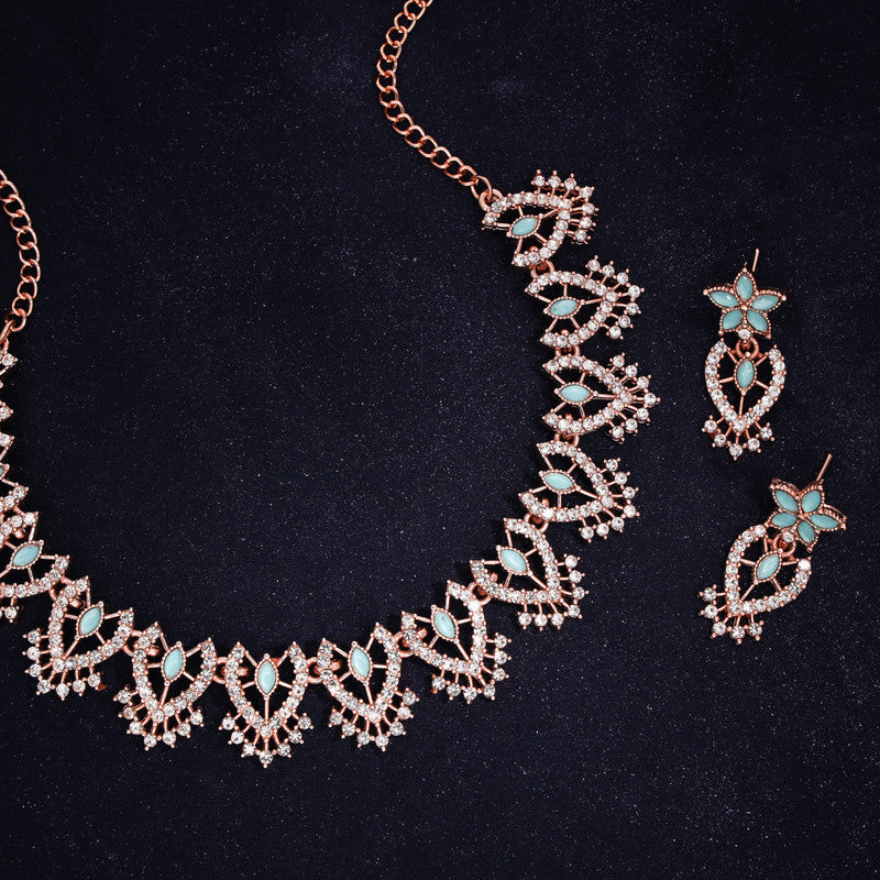 Tehzeeb Creations Sky Blue Colour Sparkle Stone Studded Necklace With Earrings | Grocsy