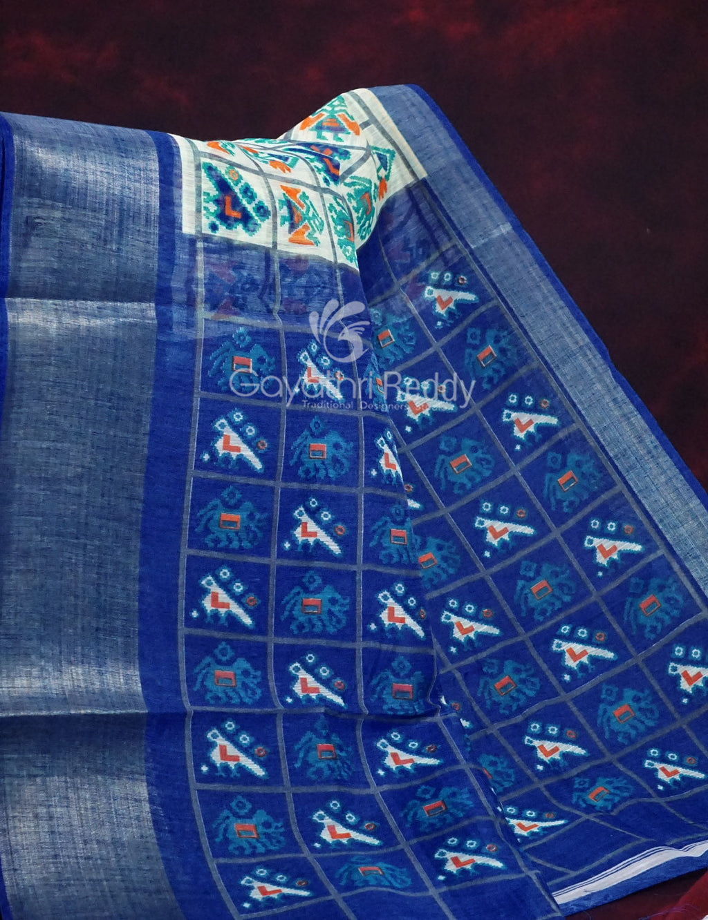 Shades of Cream Colour And Ink Blue Blouse Patola Design Semi Chanderi Saree By Gayathri Reddy Designer Studio | Grocsy