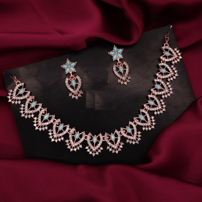 Tehzeeb Creations Sky Blue Colour Sparkle Stone Studded Necklace With Earrings | Grocsy