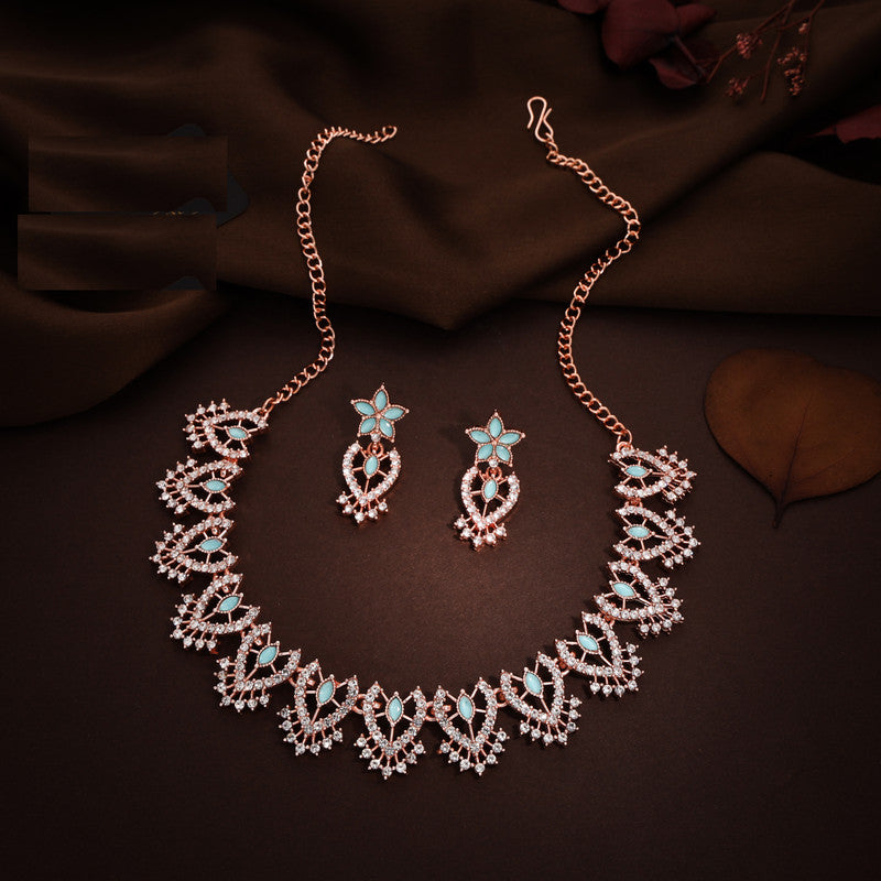 Tehzeeb Creations Sky Blue Colour Sparkle Stone Studded Necklace With Earrings | Grocsy