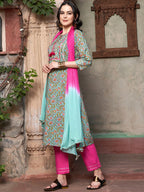 Sangria Ethnic Motifs Yoke Design Pure Cotton Kurta With Trousers & Dupatta | Grocsy
