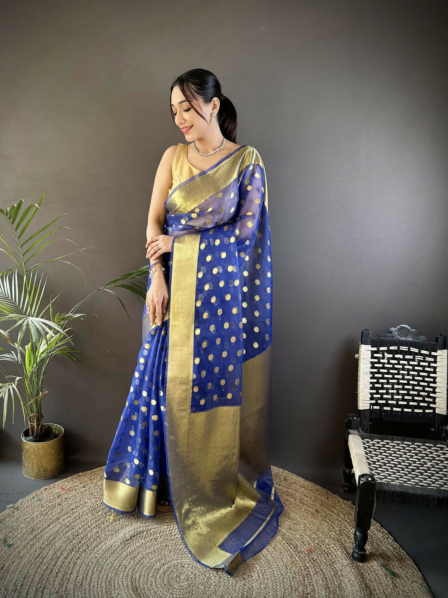 Joban Fashion Royal Blue Polka-Dot Zari Woven Organza Silk Banarasi Silk Saree | Grocsy