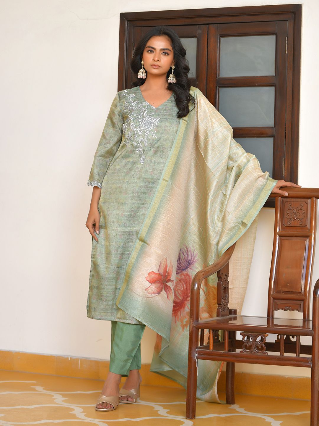 Vaasva Women's Pistachio Tissue Shimmer Digital Printed Suit Set | Grocsy