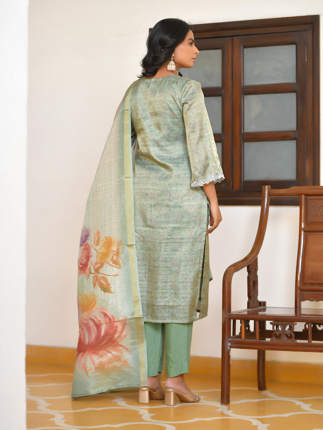 Vaasva Women's Pistachio Tissue Shimmer Digital Printed Suit Set | Grocsy