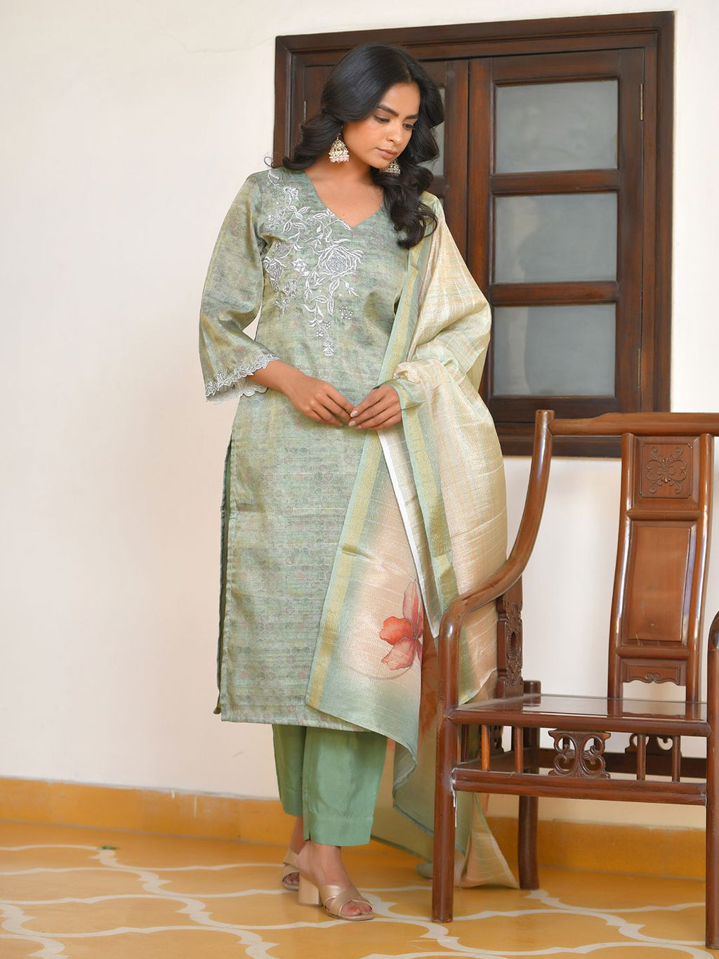 Vaasva Women's Pistachio Tissue Shimmer Digital Printed Suit Set | Grocsy