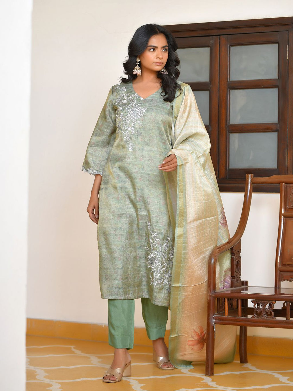 Vaasva Women's Pistachio Tissue Shimmer Digital Printed Suit Set | Grocsy