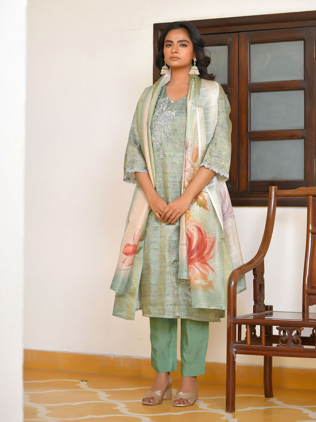 Vaasva Women's Pistachio Tissue Shimmer Digital Printed Suit Set | Grocsy