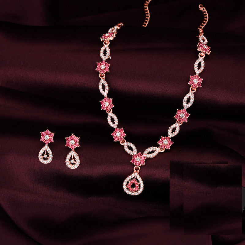 Tehzeeb Creations Elegant Rose Gold Polished American Diamond (Ad) Studded Necklace And Earring Set For Women | Grocsy