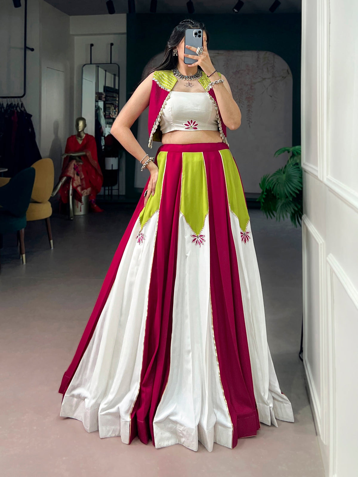 Lorenvalley Fashion Multicolor Pure Rayon With Contrast Panel Design With Gota Patti Lace Lehenga Choli | Grocsy