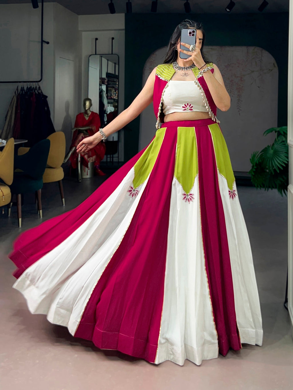 Lorenvalley Fashion Multicolor Pure Rayon With Contrast Panel Design With Gota Patti Lace Lehenga Choli | Grocsy