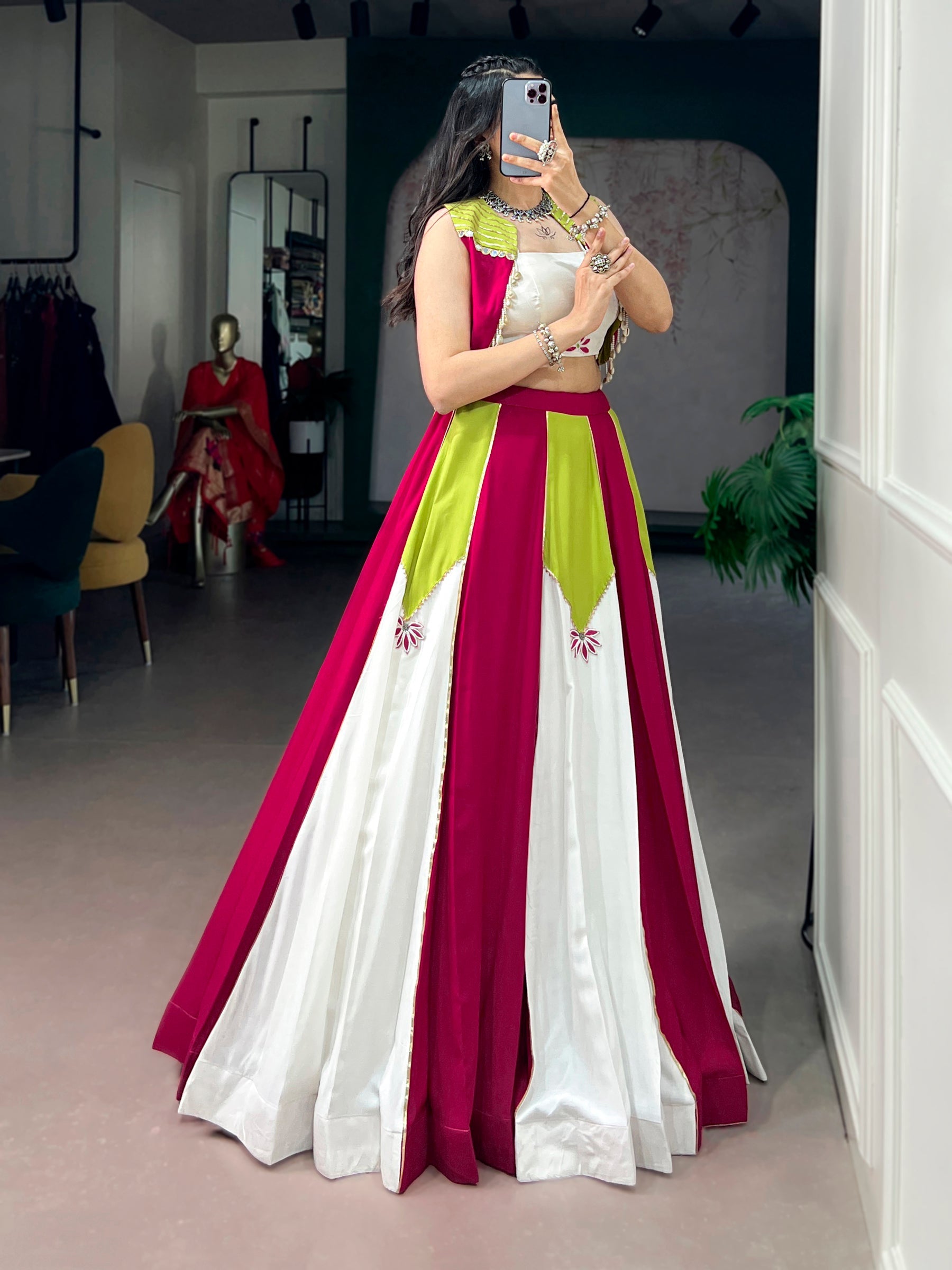 Lorenvalley Fashion Multicolor Pure Rayon With Contrast Panel Design With Gota Patti Lace Lehenga Choli | Grocsy