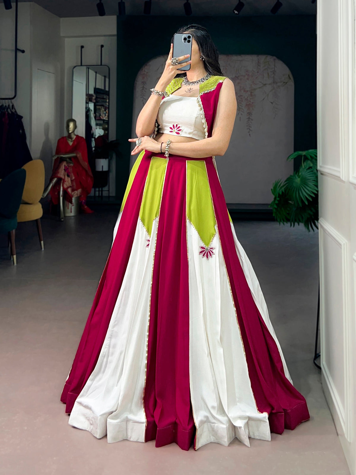 Lorenvalley Fashion Multicolor Pure Rayon With Contrast Panel Design With Gota Patti Lace Lehenga Choli | Grocsy