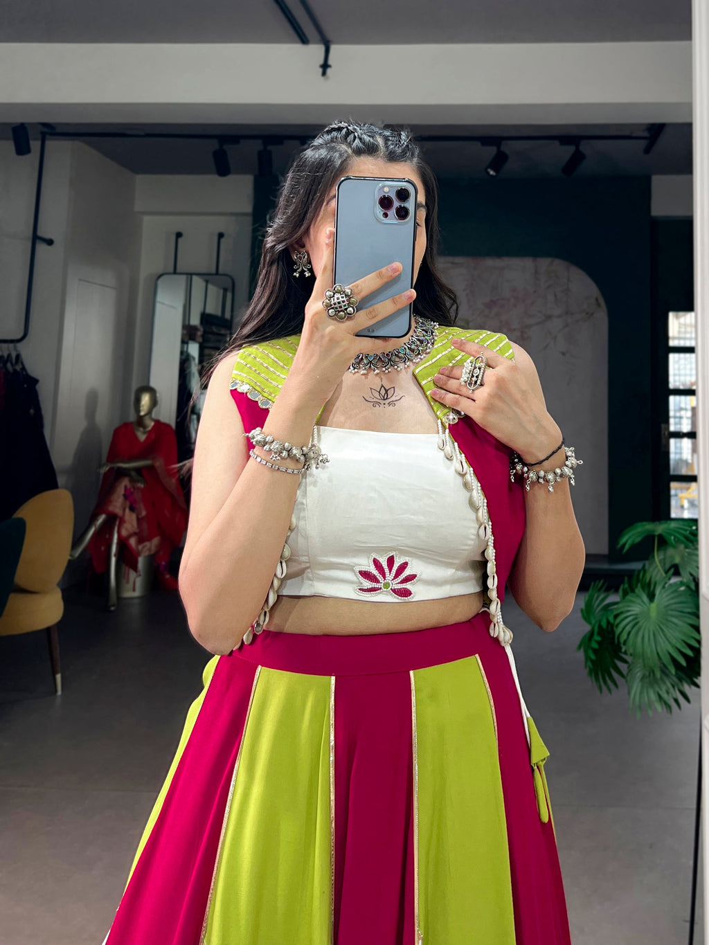 Lorenvalley Fashion Multicolor Pure Rayon With Contrast Panel Design With Gota Patti Lace Lehenga Choli | Grocsy