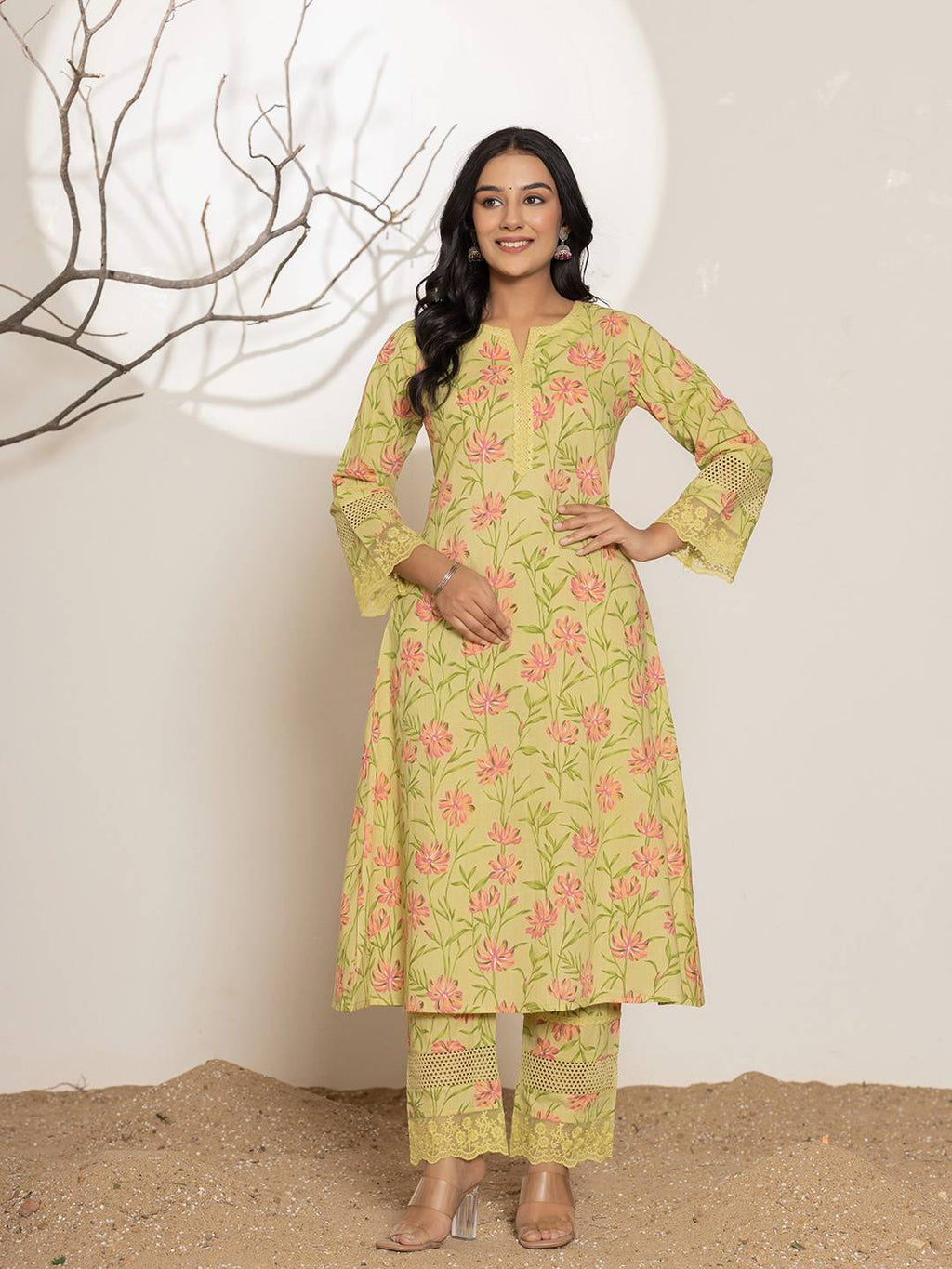 Yufta Green Cotton A-Line Kurta Set | Grocsy