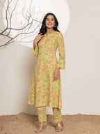 Yufta Green Cotton A-Line Kurta Set | Grocsy