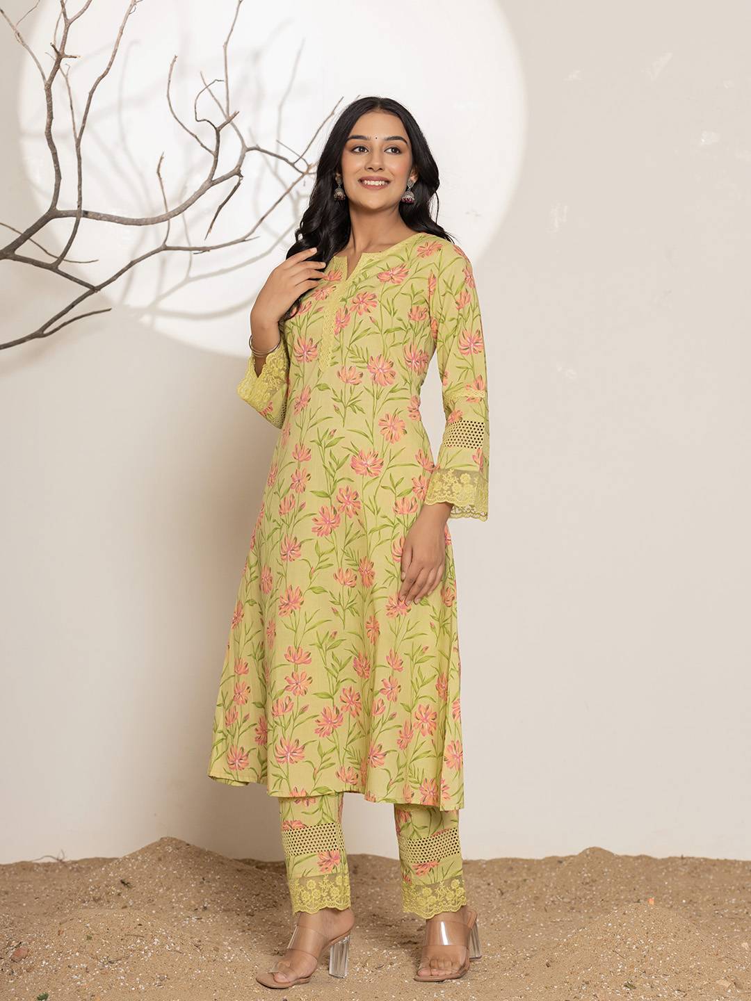 Yufta Green Cotton A-Line Kurta Set | Grocsy