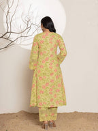 Yufta Green Cotton A-Line Kurta Set | Grocsy