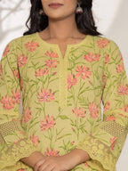 Yufta Green Cotton A-Line Kurta Set | Grocsy